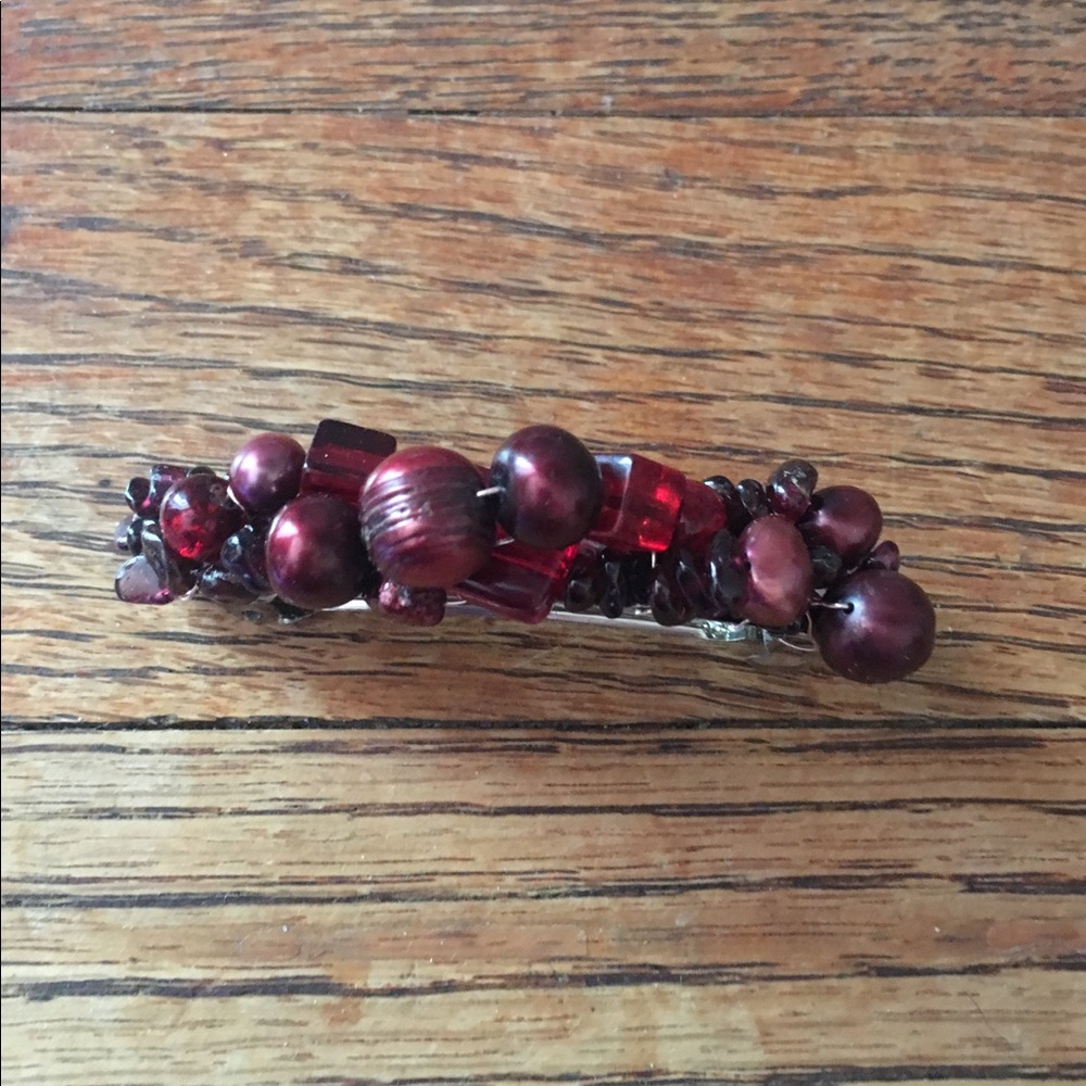 COPY - Barrette Burgundy pearls, garnets, beads covered barrette